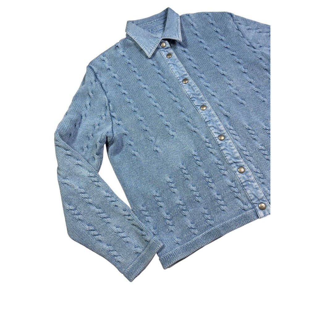 Blue Willi's Cable Knit Cotton Sweater Jacket Denim Snap Women's L Est - Picture 5 of 9